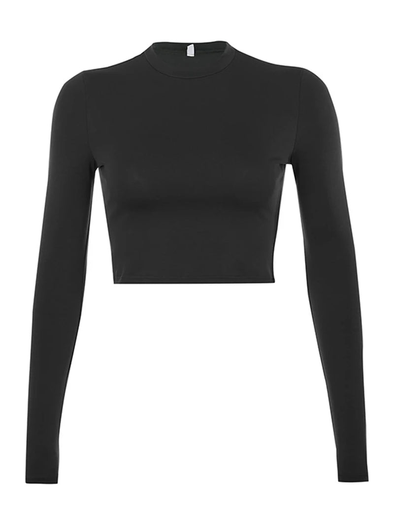 Chic Solid Basic Long Sleeve Women's T-Shirt - Casual Crop Top in Black & White for Effortless Style