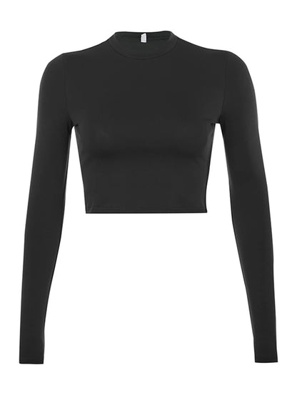 Chic Solid Basic Long Sleeve Women's T-Shirt - Casual Crop Top in Black & White for Effortless Style